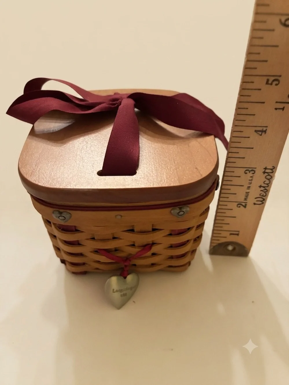 Longaberger Small Valentine Woven Basket with Burgundy Ribbon w/ Acc